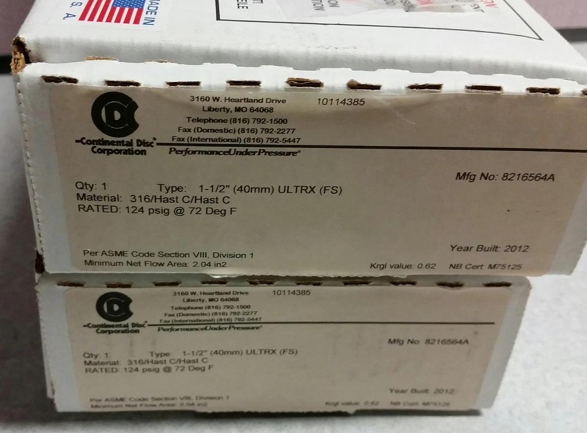 Continental Rupture Disc 1-1/2" ULTRX (FS), 124 psig @ 72 Deg. F, 316-HAST C