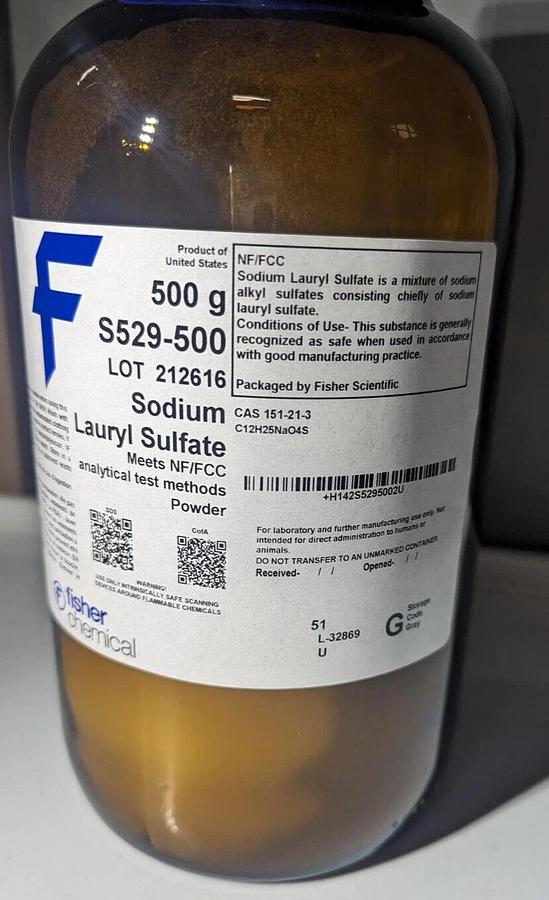 Fisher Chemical S529-500 Sodium Lauryl Sulfate   500 g, Glass Bottle
