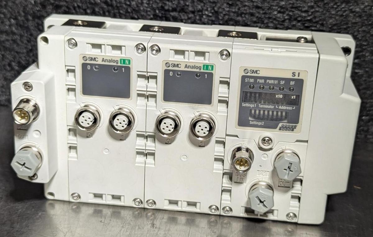 Used SMC EX600-ED2 ,  (2) EX600-AXA,  EX600-SPR1A, EX600-EU1 Valve Analog Module