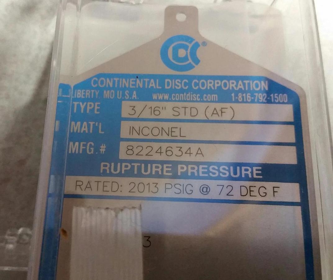 Continental Rupture Disc 3/16"  STD (AF), ICONEL 2013 psig @ 72 Deg.