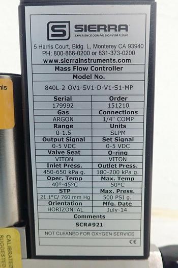 Used Sierra SideTrak 840 Model 840-2-OV1-SV1-D-V1-S1-MP Mass Flow Controller