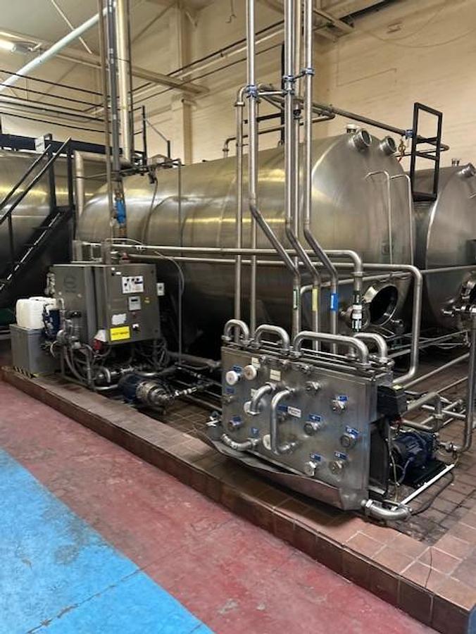 Used Stainless Steel Processing System – 2 x 15,000L & 25,000L Tanks with CIP & Distribution Skid