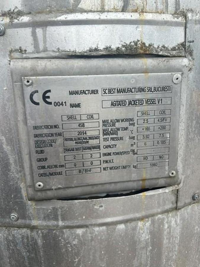Used 6m³ Stainless Steel Jacketed Reactor Vessel with Agitator