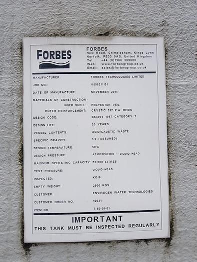 Used 75,000 Litre GRP Storage Tanks