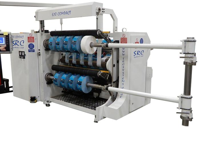 Used 62" (1600MM) NEW SRC SYSTEMS 610 COMPACT SLITTER DUPLEX CENTERWIND 24" OD ROLLS