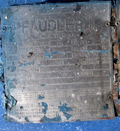 Used Reactor, 1,000 Gallon, Glass Lined, Pfaudler, Jkt, Agit, 100 PSI #C744088