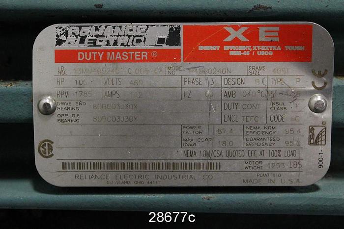 Used Reliance P40G0240N AC Motor, 100 HP, 1785 RPM #28677