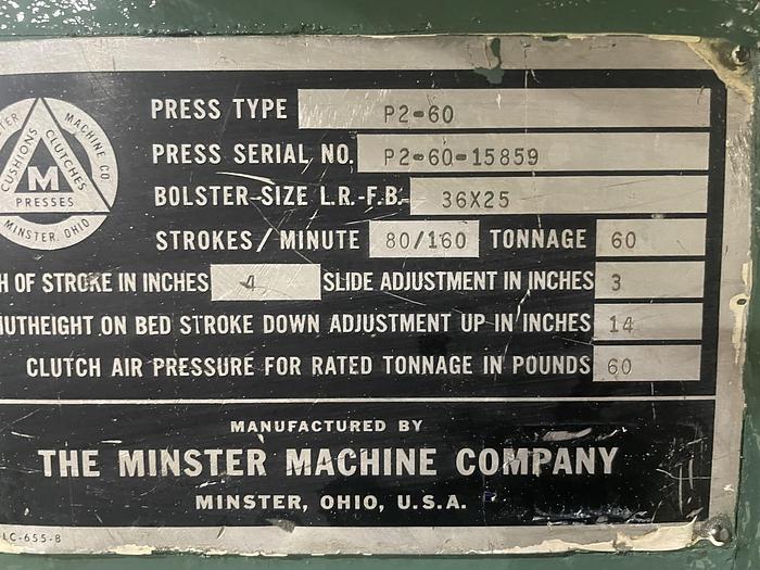 Used MINSTER P2-60-36