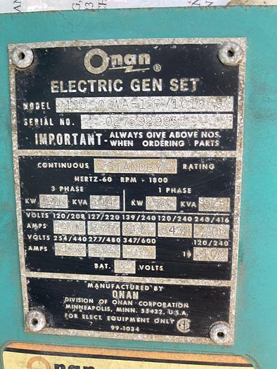 Used Natural Gas / Propane Onan Waukesha 115kw 3 phase 480 Volt