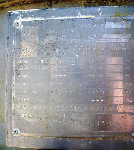Used Tank, 441 Gallon, S/st, Jkt, Agit, 44" x 66", DB/FT, RAS #C741854