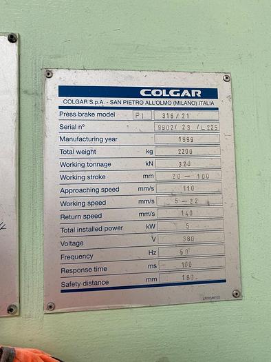 Used 1999 Colgar PI 316/21 Hydraulic Pressbrake