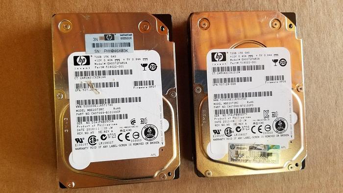 Used HP 507129-008 72GB 15K SAS 2.5" Drives Lot of 2