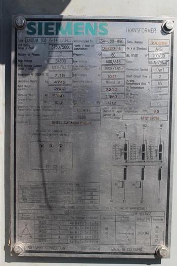 Siemens 5000 KVA 35kv/600v transformer, 6000A output