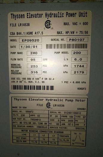 Used THYSEEN EP09520, 20 HP ELEVATOR HYDRAULIC POWER UNIT WITH CONTROLS