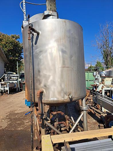 Used Tank, 500-Gallon, Stainless Steel, Scrape Agitation, JacketedMetal Craft 500-gallon stainless steel full jacketed and scrape agitated tank, constructed of 304 stainless steel. Measures 56" diameter x 58" straight side with flat top and dish bottom. Set up for side and bottom scrapers. Driven by a top-mounted drive through a gear reducer. 7.5 HP motor, 1755 RPM, 230/460V, 3/60Hz, with a gear reducer output of 40 RPM. Vessel is mounted on 4 stainless steel legs and features a 3" diameter center bottom outlet. Jacket Design pressure: 100 PSI, design temperature: 300°F. Last used in cosmetics industry.
