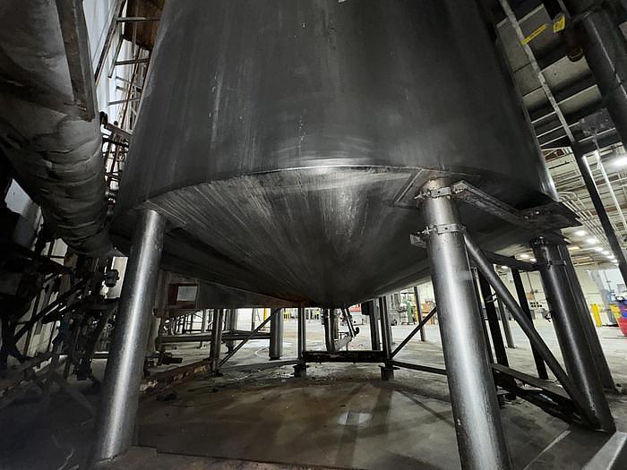 Used Stainless Steel 6,000 Gallon Jacketed & Double Motion Agitated Tank with scraper agitation and center agitation with turbine blade paddles