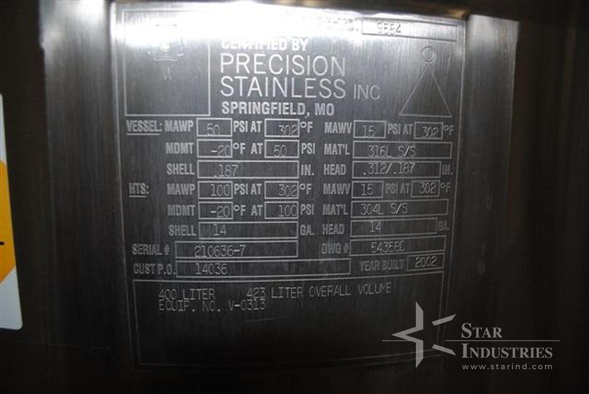 Used 400 Liter Precision Stainless Receiver.