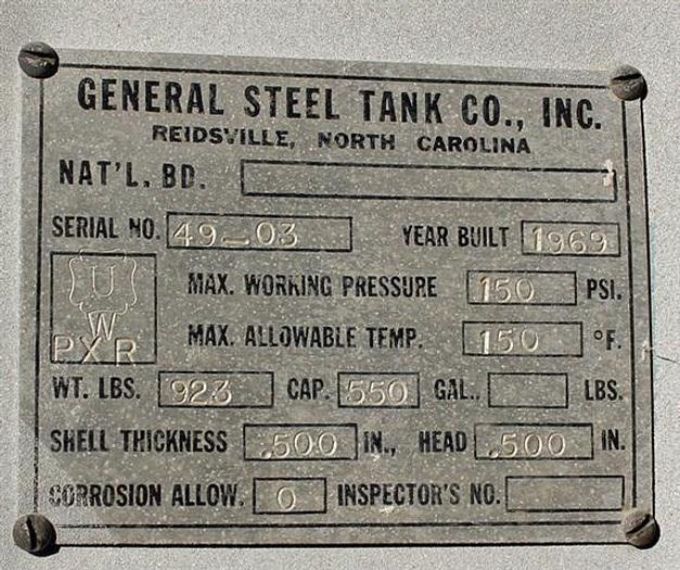 Used 550 gallon General Steel Receiver/pressure vessel
