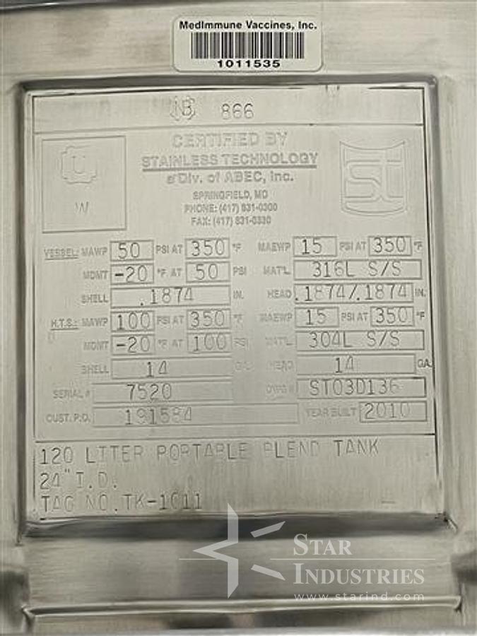 Used 120 liter Stainless Technology reactor, 316L