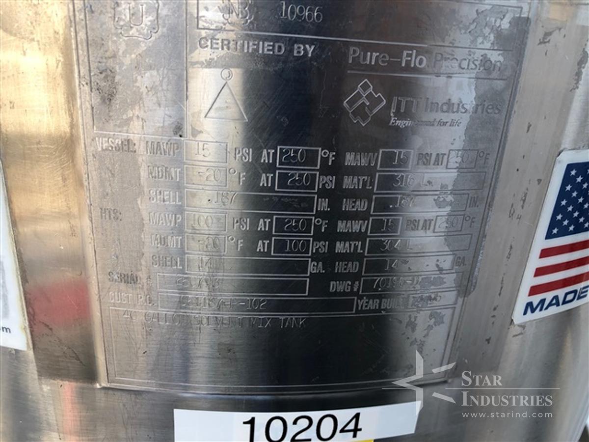 Used ITT Industries 40 Gallon Stainless Steel Reactor
