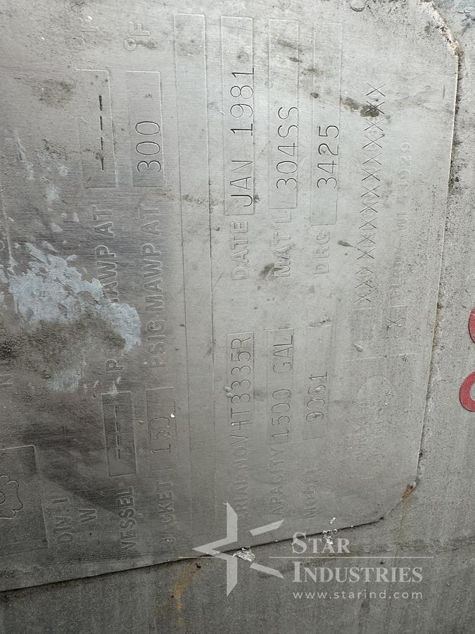 Used 1,500 Gallon Jacketed S.S. Tank