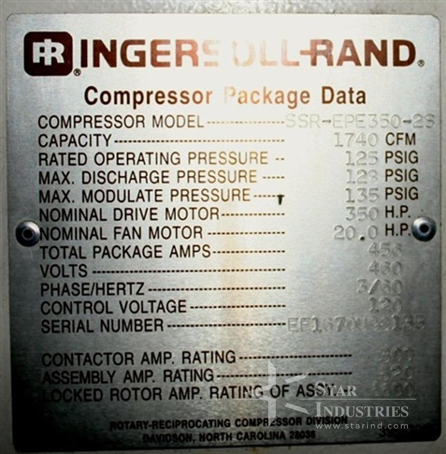 Used Ingersoll Rand Model EPE350-2S two stage rotary screw compressor
