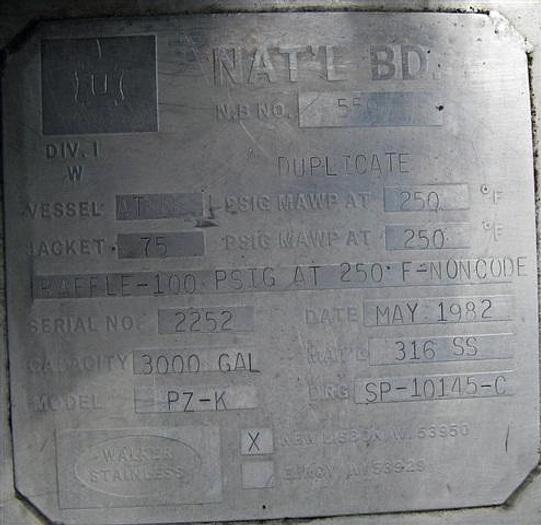 Used 3,000 gallon Walker Jacketed Mix Tank, 316ss