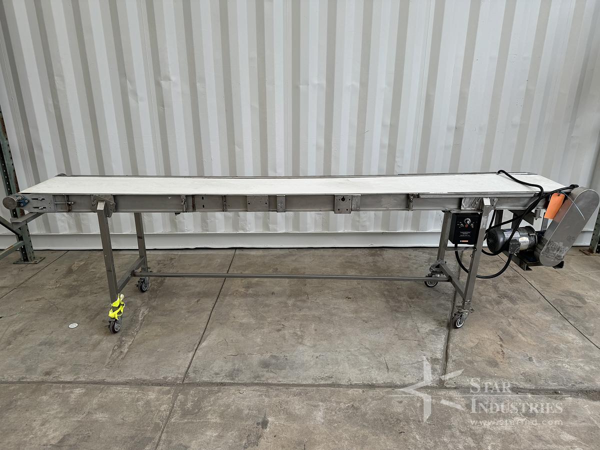 Used Conveyor, s.s. frame, 128" x 16" wide, variable speed, cloth belt, 110V