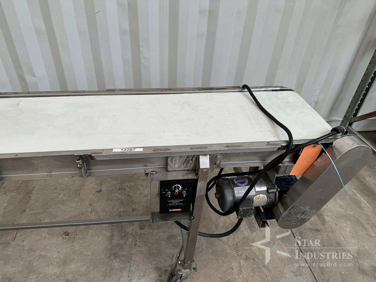 Used Conveyor, s.s. frame, 128" x 16" wide, variable speed, cloth belt, 110V