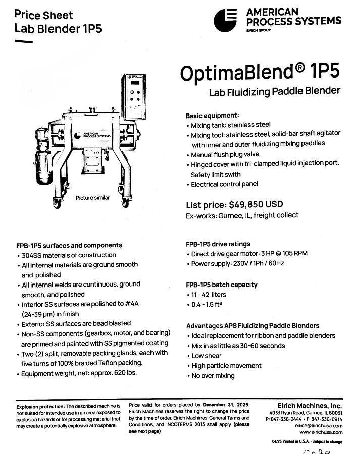 Used Lab Fluidizing Paddle Blender- Lab Blender 1P5