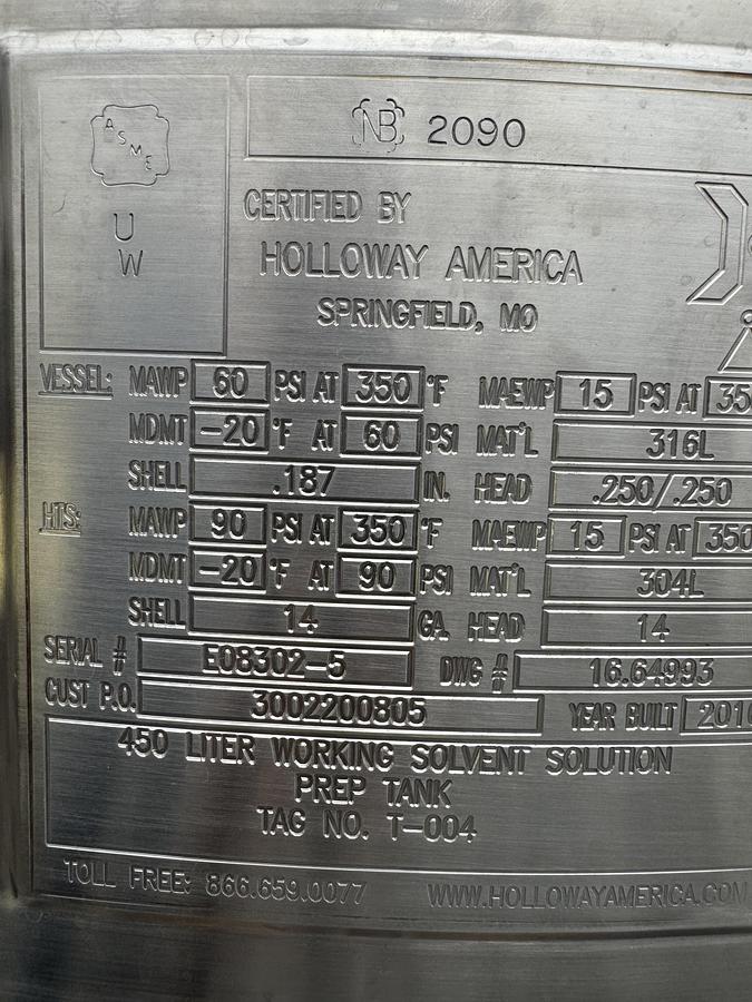 Used 450 liter Holloway S.S. Tank
