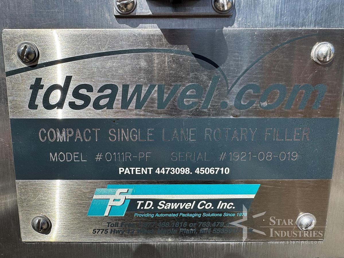 Used Filler, Cup, Rotary, Single Lane, T.D. Sawvel, Model O111R-PF, Stainless Steel