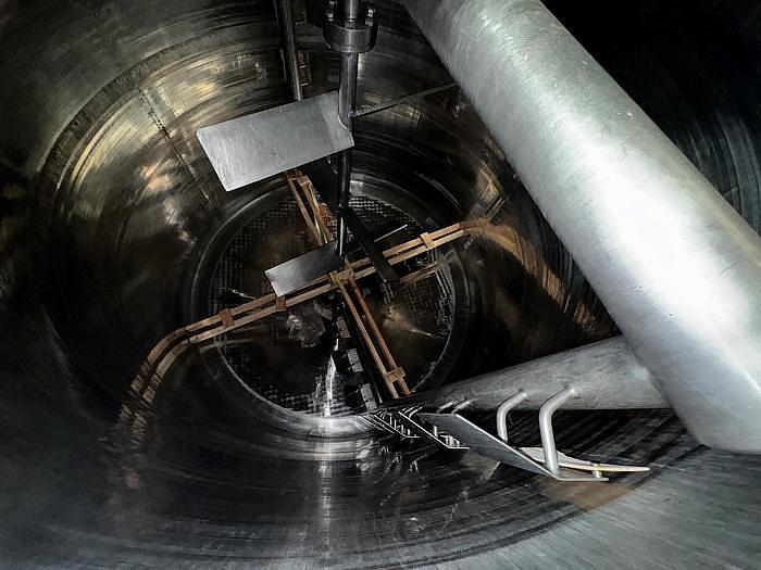 Used Stainless Steel 6,000 Gallon Jacketed & Double Motion Agitated Tank with scraper agitation and center agitation with turbine blade paddles