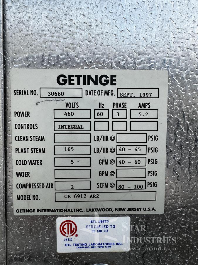 Used Getinge Model GE 6912 AR2 Autoclave