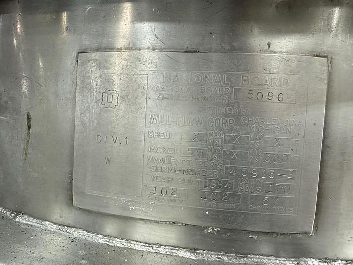 Used Tank, 170 Gallon, 316 Stainless Steel, Jacketed, Agitated