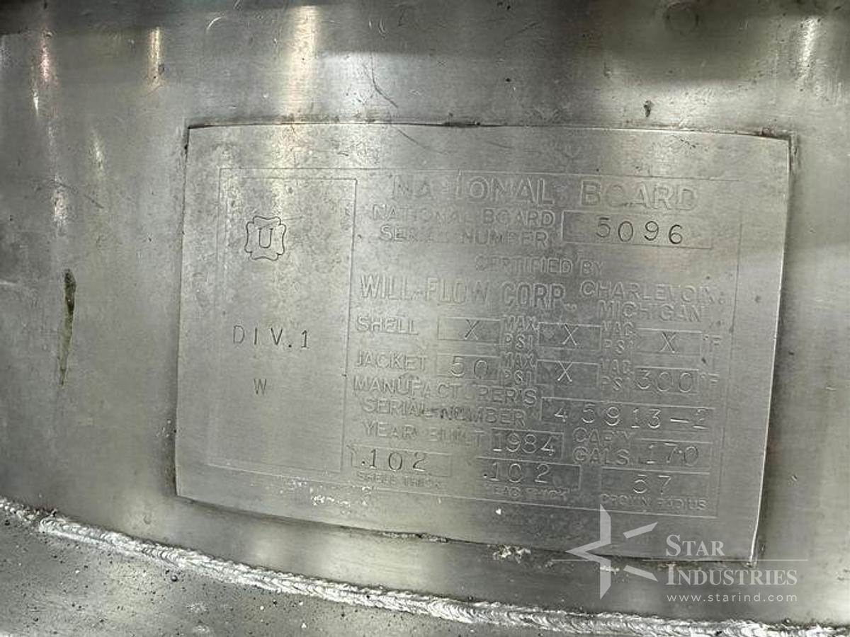 Used Tank, 170 Gallon, 316 Stainless Steel, Jacketed, Agitated