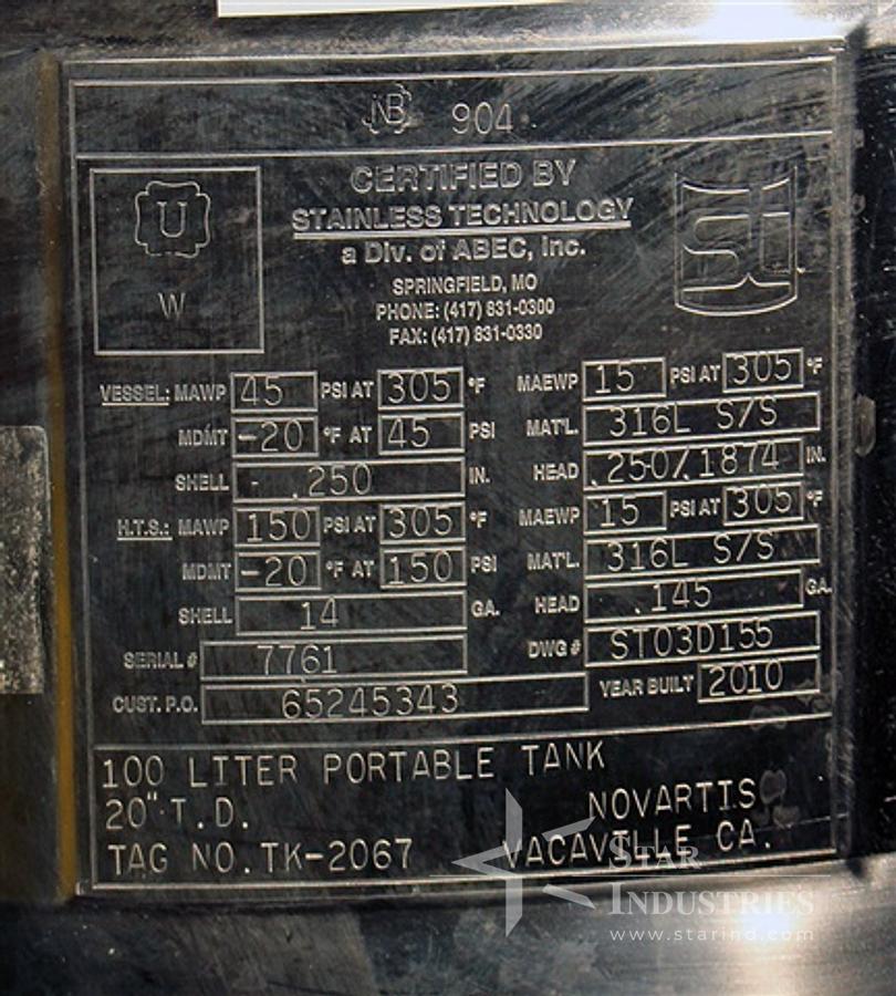Used 100 liter Stainless Technologies Reactor w/ 1/3 h.p. Lightnin Mixer
