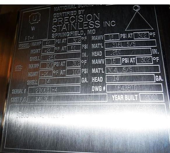Used 3,500 liter Precision Jacketed Receiver
