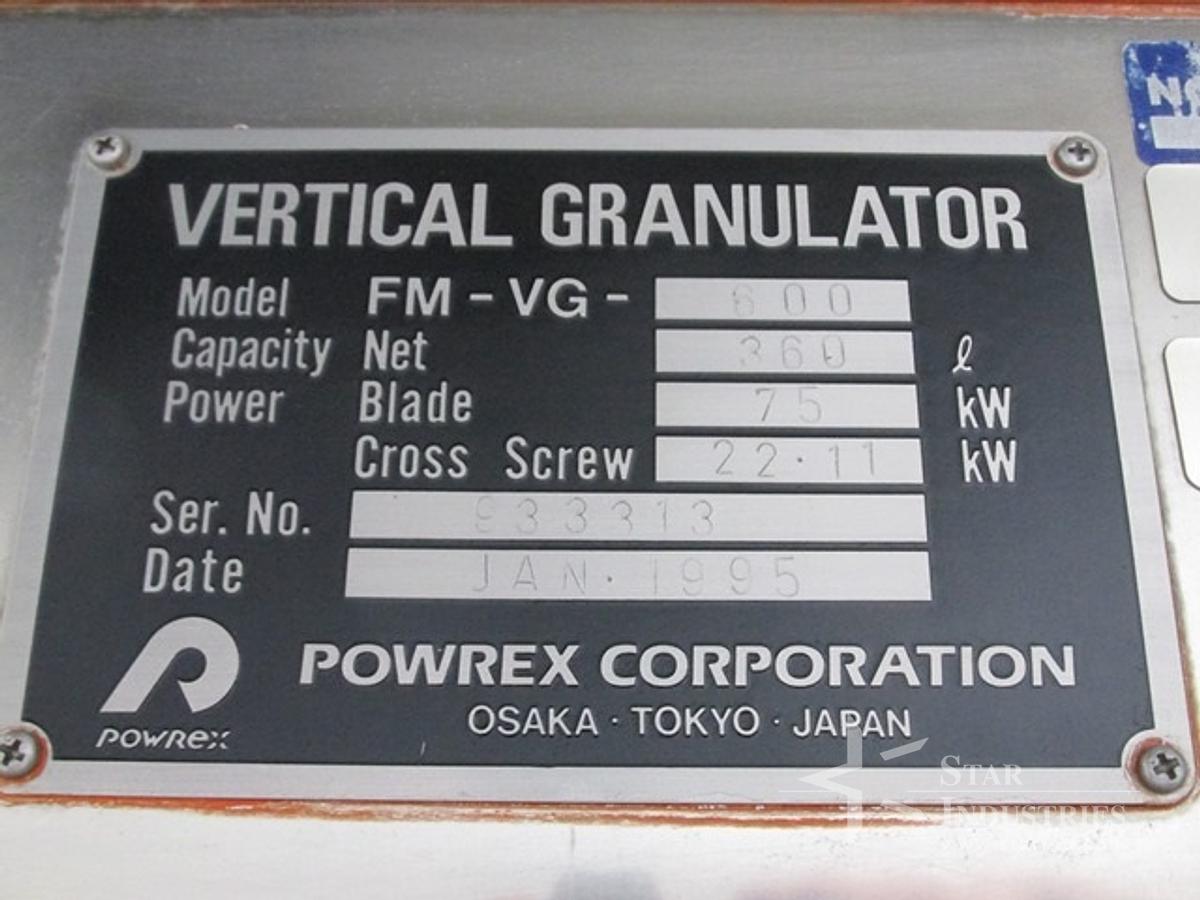 Used Glatt Powrex 600 liter High-shear Mixer