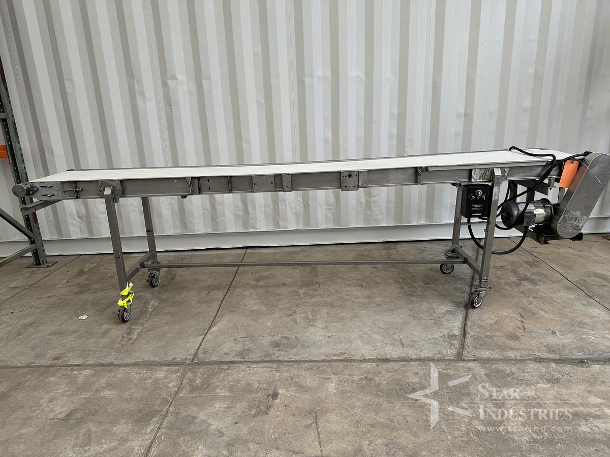 Used Conveyor, s.s. frame, 128" x 16" wide, variable speed, cloth belt, 110V