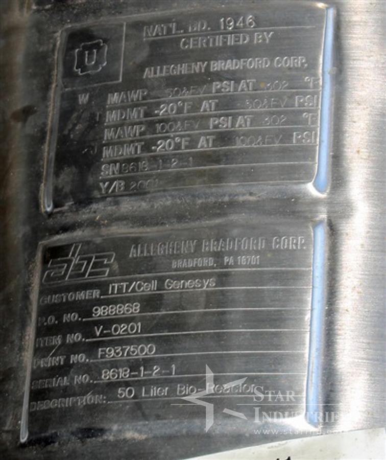Used 50 Liter Alleghany Bradford Jacketed, Stainless Receiver