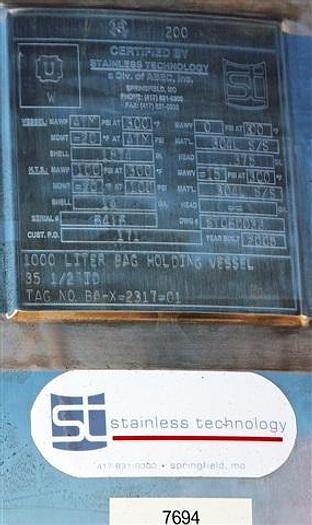 Used 1000 Liter Stainless Technology Jacketed Bag Vessel