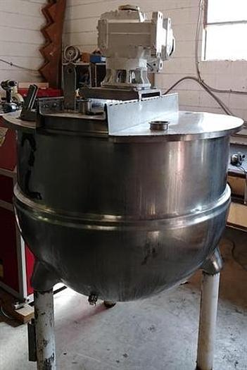 Used 150 gallon Groen Kettle T-316 S.S. construction, open top with single motion sweep scraper