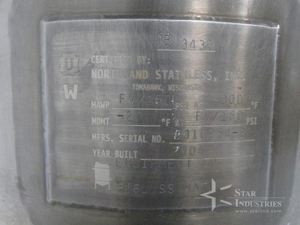Used 30 GAL NORTHLAND RECEIVER, 316L, 150#