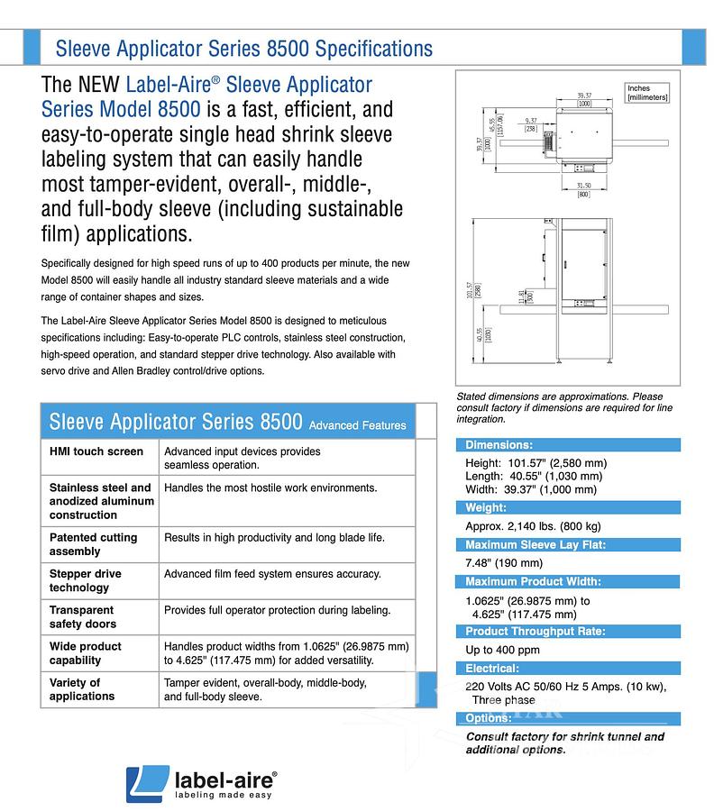 Used Label-Aire Sleeving Model 8500 Series