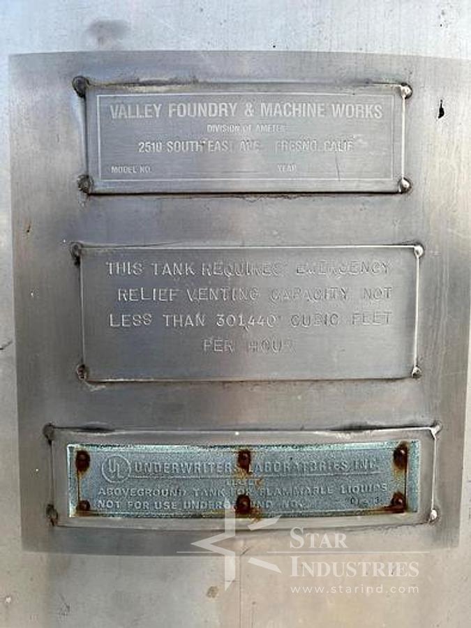Used Tank, 4,250 Gallon, Stainless Steel, 8' Dia x 12' H, Valley Foundry, UL Rated