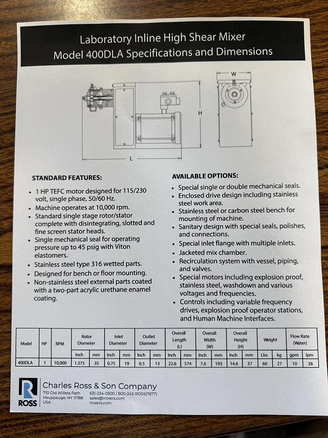 Used Ross HSM-400DLA 1 h.p. Homogenizer