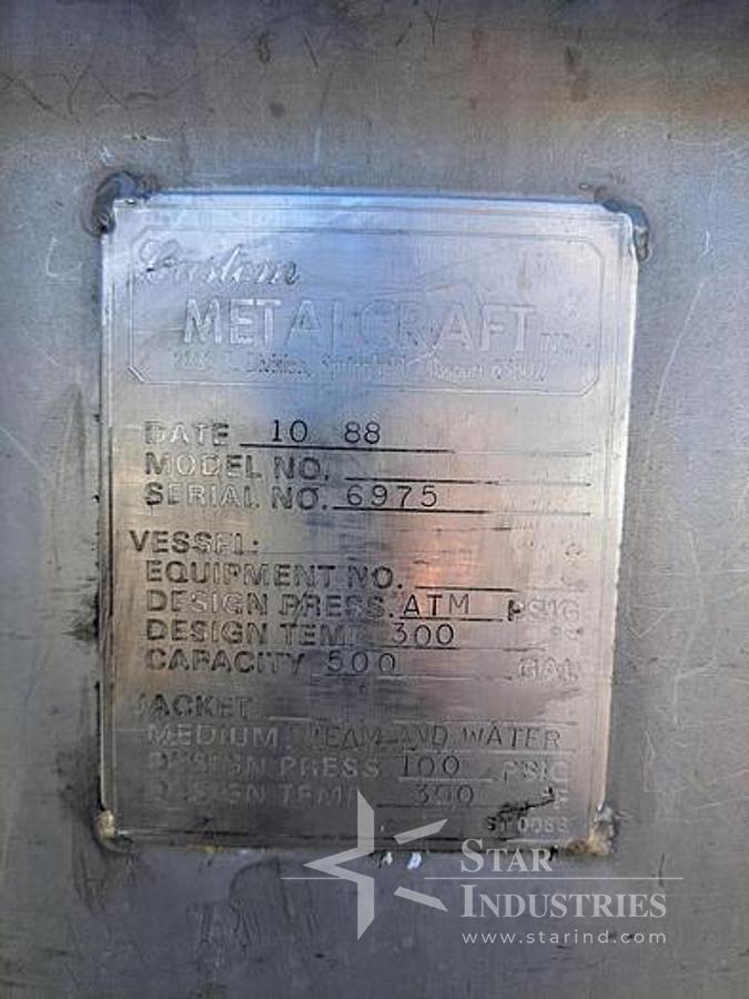 Used Tank, 500-Gallon, Stainless Steel, Scrape Agitation, JacketedMetal Craft 500-gallon stainless steel full jacketed and scrape agitated tank, constructed of 304 stainless steel. Measures 56" diameter x 58" straight side with flat top and dish bottom. Set up for side and bottom scrapers. Driven by a top-mounted drive through a gear reducer. 7.5 HP motor, 1755 RPM, 230/460V, 3/60Hz, with a gear reducer output of 40 RPM. Vessel is mounted on 4 stainless steel legs and features a 3" diameter center bottom outlet. Jacket Design pressure: 100 PSI, design temperature: 300°F. Last used in cosmetics industry.