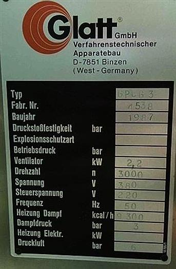Used Glatt GPCG3 Fluid Bed Dryer