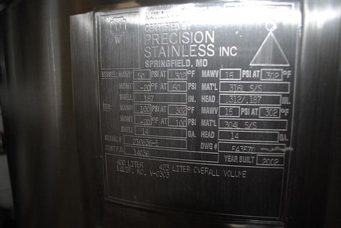 Used 400 Liter Precision Stainless Receiver